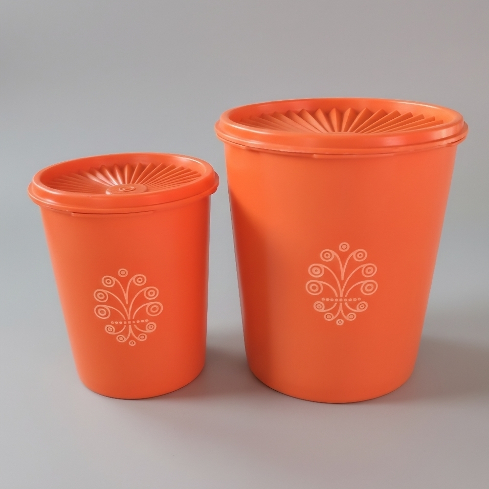 Vintage Tupperware Orange Servalier Canister Set Floral Medallion 807-811 Lids